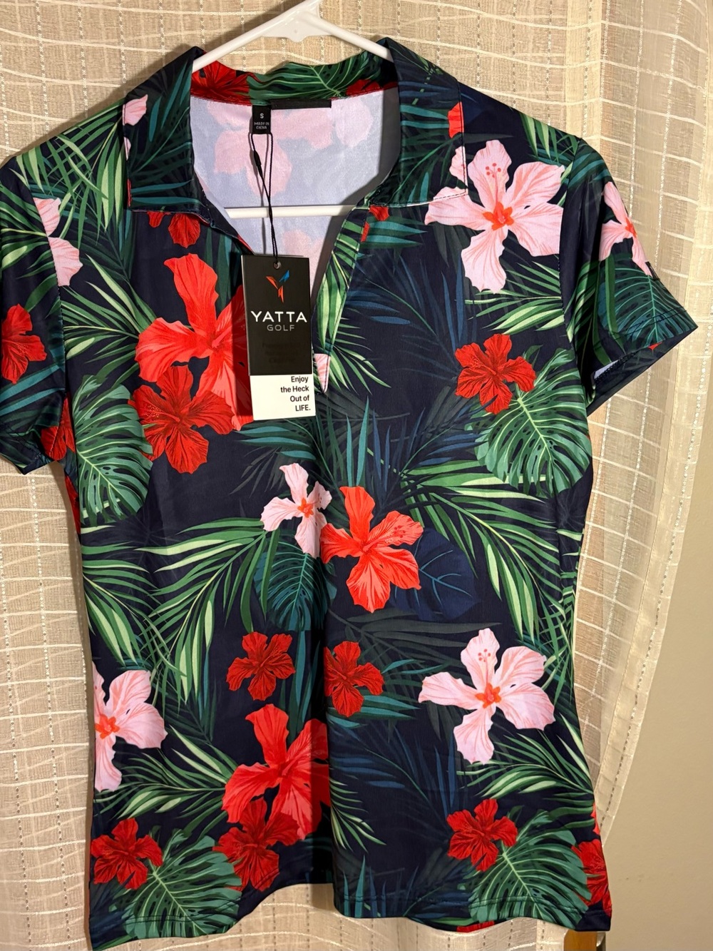 Women's Navy Tropical Floral Polo - Red & Pink